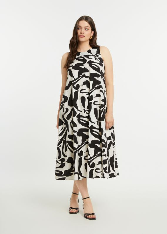 front view of plus size Mat Print Sleeveless A Line Dress Midi Length in Black White