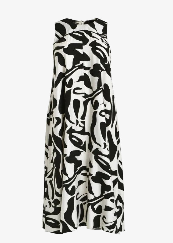 front view of plus size Mat Print Sleeveless A Line Dress Midi Length in Black White