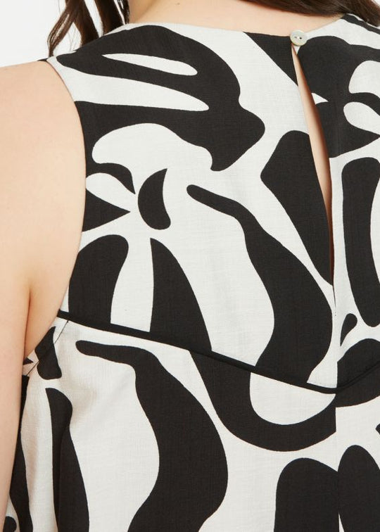 close up back view of plus size Mat Print Sleeveless A Line Dress Midi Length in Black White