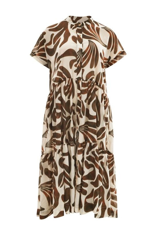 front view of plus size Mat Print Short Sleeve Shirt Dress with Ruffle Hem Midi Length in Caramel