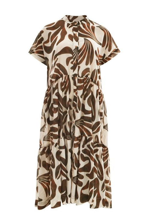 front view of plus size Mat Print Short Sleeve Shirt Dress with Ruffle Hem Midi Length in Caramel