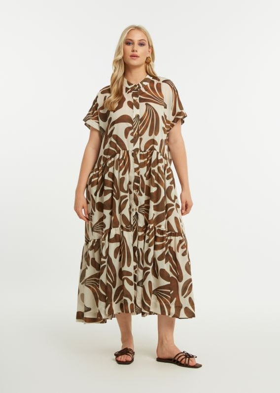 front view of plus size Mat Print Short Sleeve Shirt Dress with Ruffle Hem Midi Length in Caramel