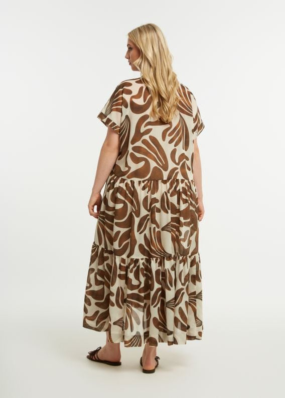 back view of plus size Mat Print Short Sleeve Shirt Dress with Ruffle Hem Midi Length in Caramel