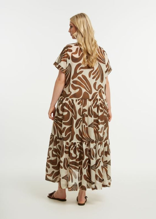 back view of plus size Mat Print Short Sleeve Shirt Dress with Ruffle Hem Midi Length in Caramel