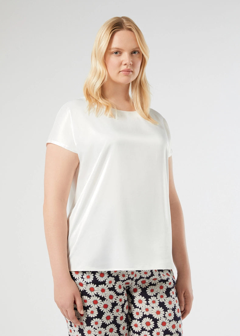 front view of plus size Marina Rinaldi Lirica Jersey Viscose Stretch Satin Front Short Sleeve Tee in Ivory