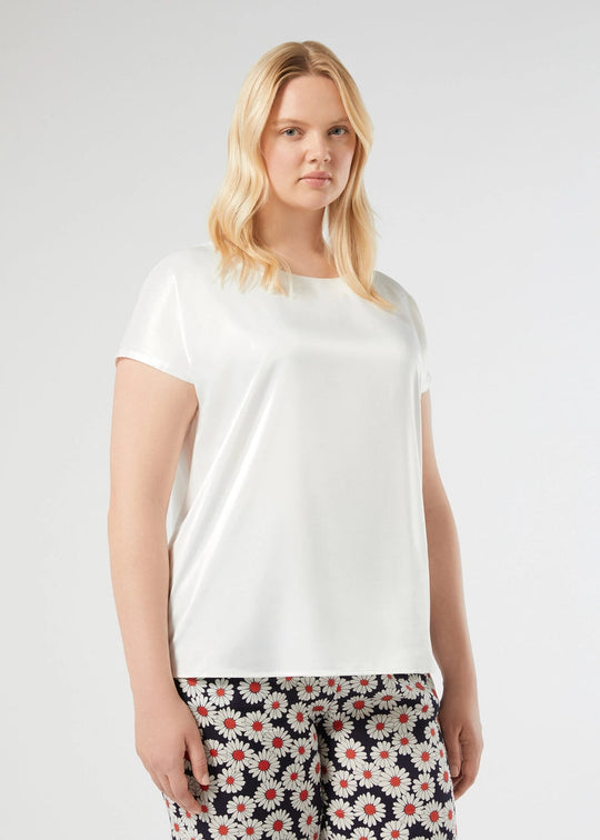 front view of plus size Marina Rinaldi Lirica Jersey Viscose Stretch Satin Front Short Sleeve Tee in Ivory