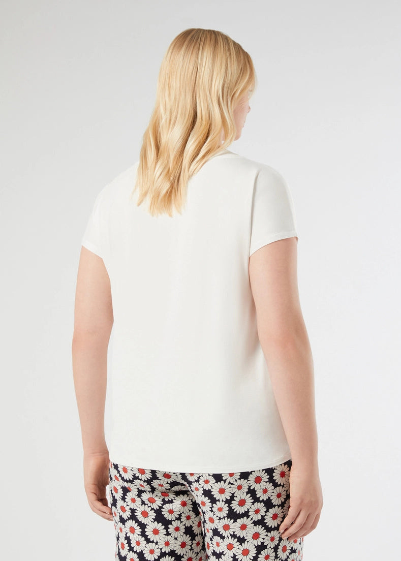 back view of plus size Marina Rinaldi Lirica Jersey Viscose Stretch Satin Front Short Sleeve Tee in Ivory