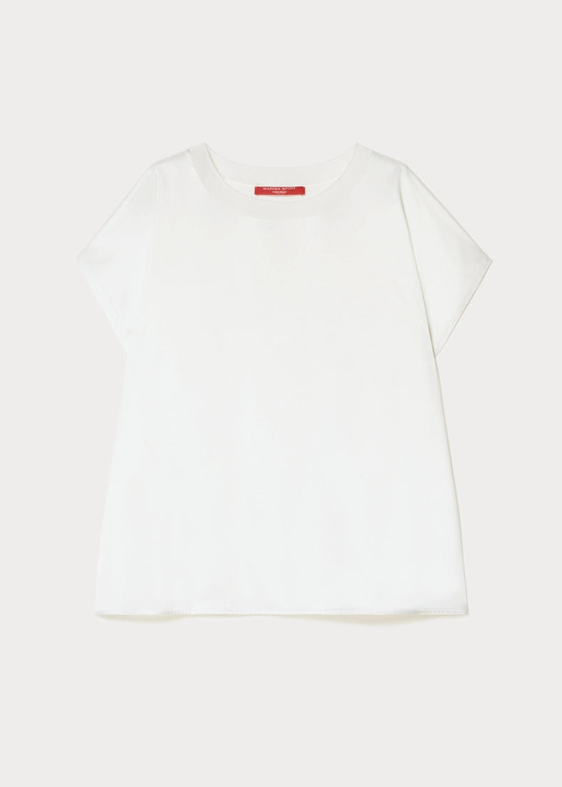 front view of plus size Marina Rinaldi Lirica Jersey Viscose Stretch Satin Front Short Sleeve Tee in Ivory