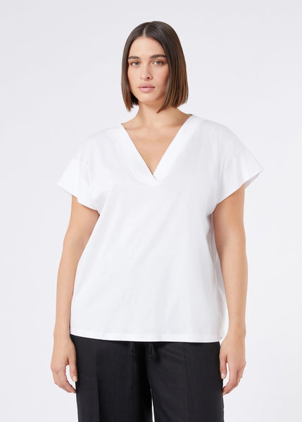 front view of Marina Rinaldi Biago V-neck Cotton Interlock Tee on model in White