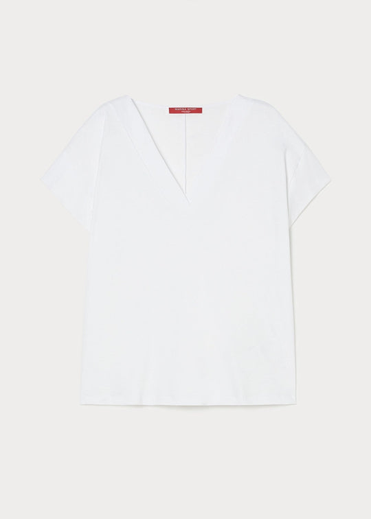 front view of Marina Rinaldi Biago V-neck Cotton Interlock Tee in White