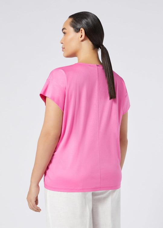back view of Marina Rinaldi Biago V-neck Cotton Interlock Tee in Fuchsia