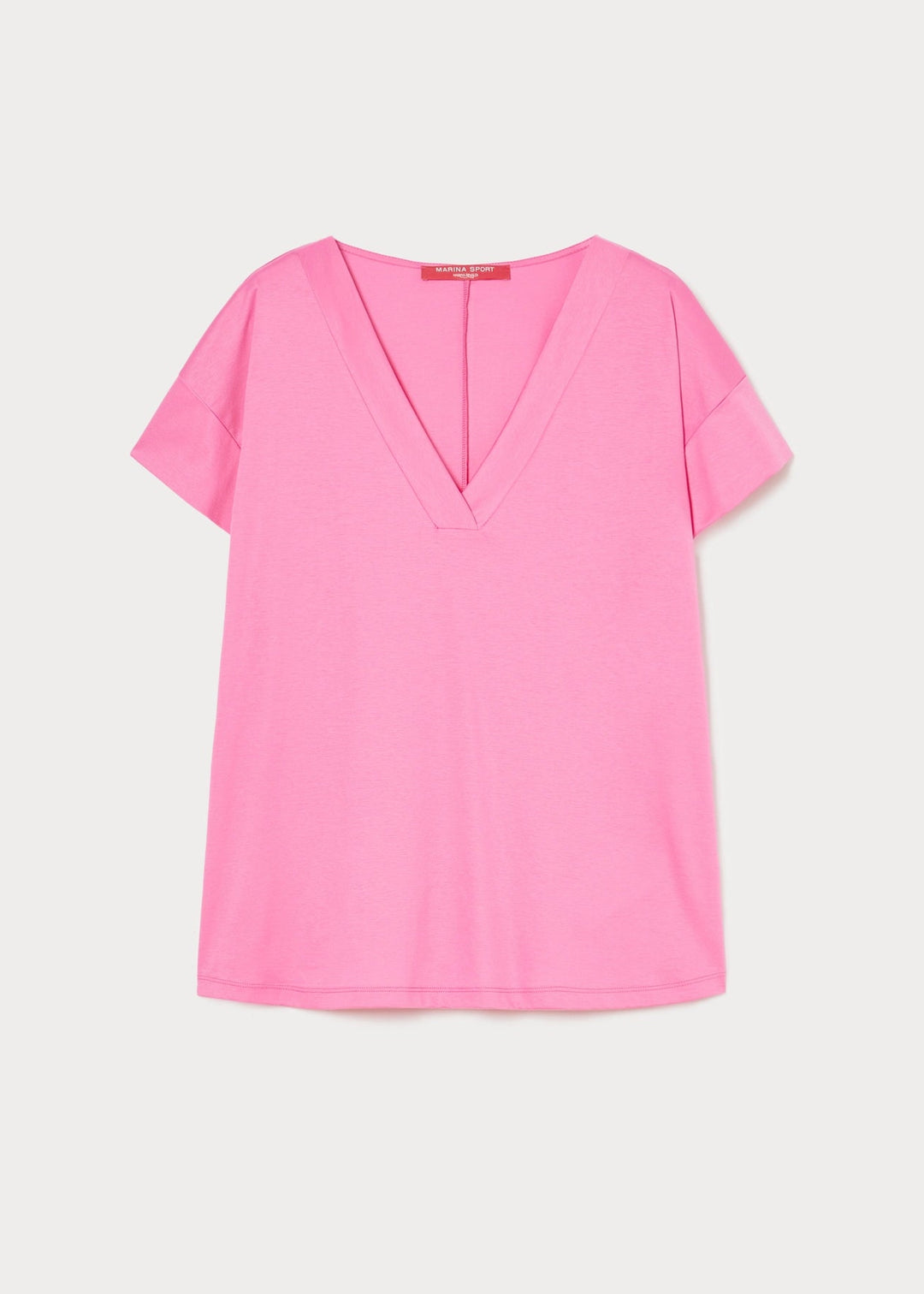 front view of Marina Rinaldi Biago V-neck Cotton Interlock Tee in Fuchsia