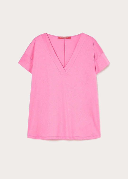 front view of Marina Rinaldi Biago V-neck Cotton Interlock Tee in Fuchsia