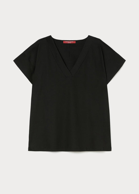 front view of Marina Rinaldi Biago V-neck Cotton Interlock Tee in Black