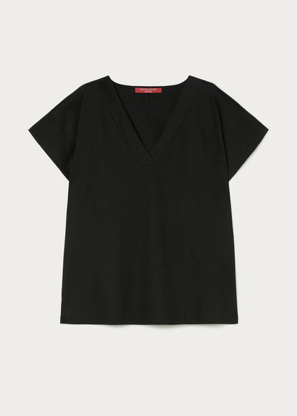 front view of Marina Rinaldi Biago V-neck Cotton Interlock Tee in Black