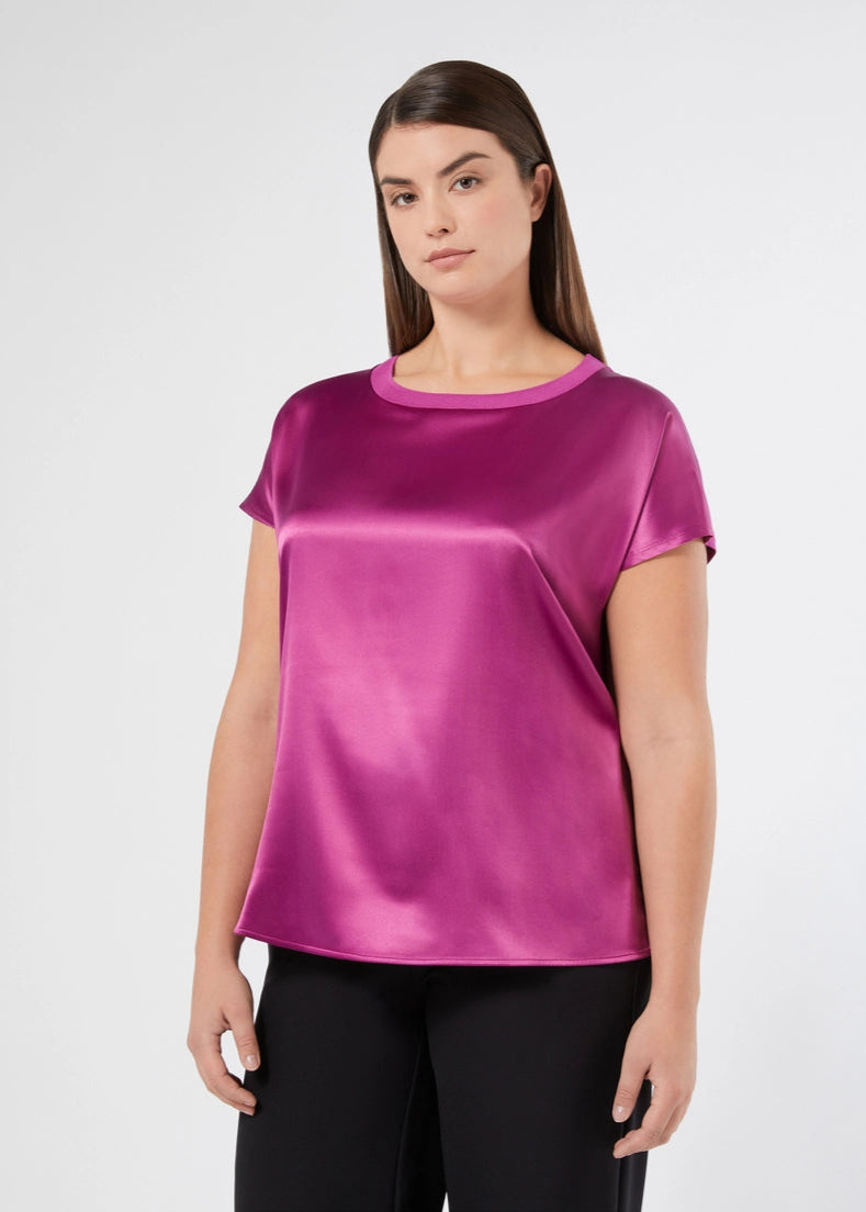 front view of plus size Marina Rinaldi Zigano Short Sleeve Satin Front Jersey Back Tee in Cyclamen