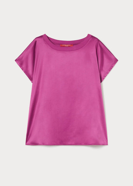 front view of plus size Marina Rinaldi Zigano Short Sleeve Satin Front Jersey Back Tee in Cyclamen
