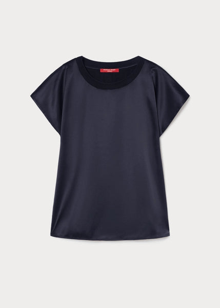 front view of plus size Marina Rinaldi Zigano Short Sleeve Satin Front Jersey Back Tee in Midnight