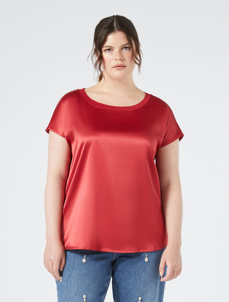 Marina Rinaldi Fiorire Jersey Back Tee with Satin Front in Red