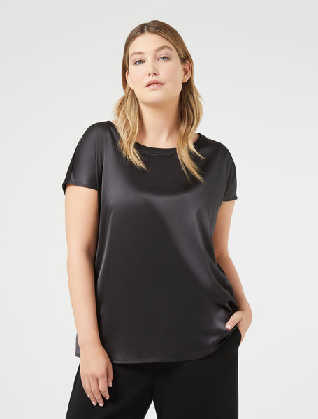 Marina Rinaldi Fiorire Jersey Back Tee with Satin Front in Black