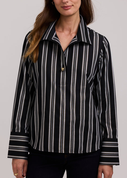 Women’s black multi vertical stripe popover shirt with long sleeves and button-front collar