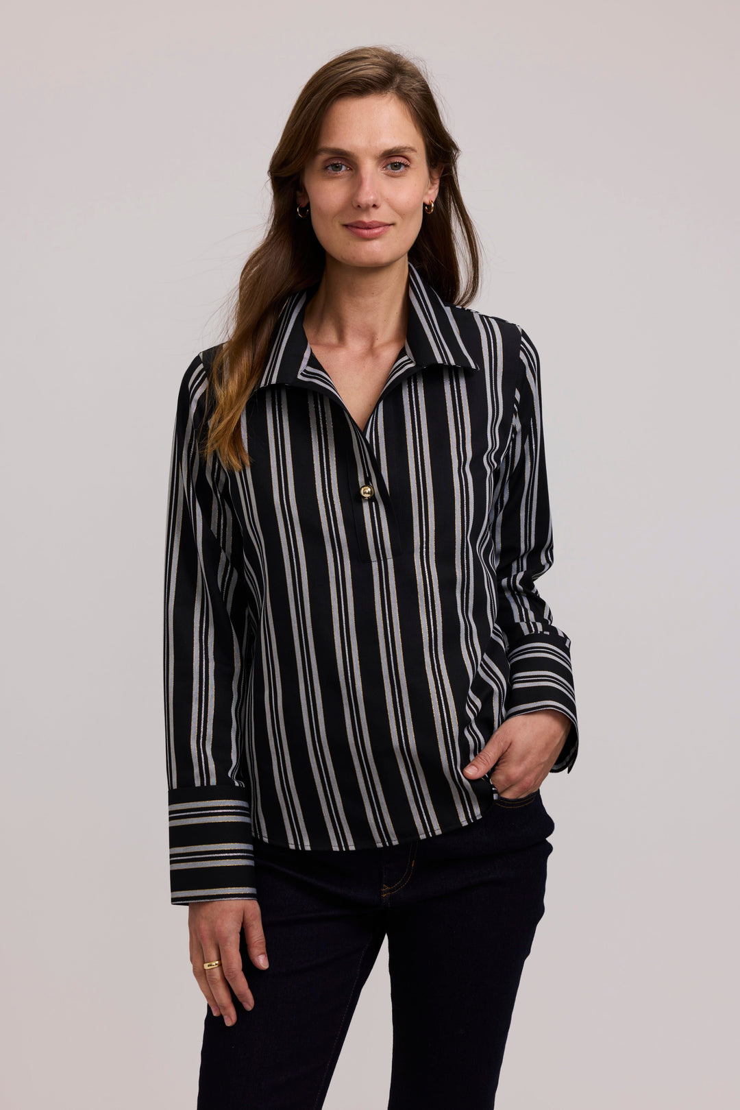 Black-and-white striped long-sleeve popover shirt with button front and pointed collar