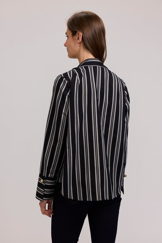 Black-and-white striped long-sleeve popover shirt, back view with yoke and button detail