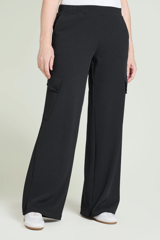 Black wide-leg cargo pants with side flap pockets, back view