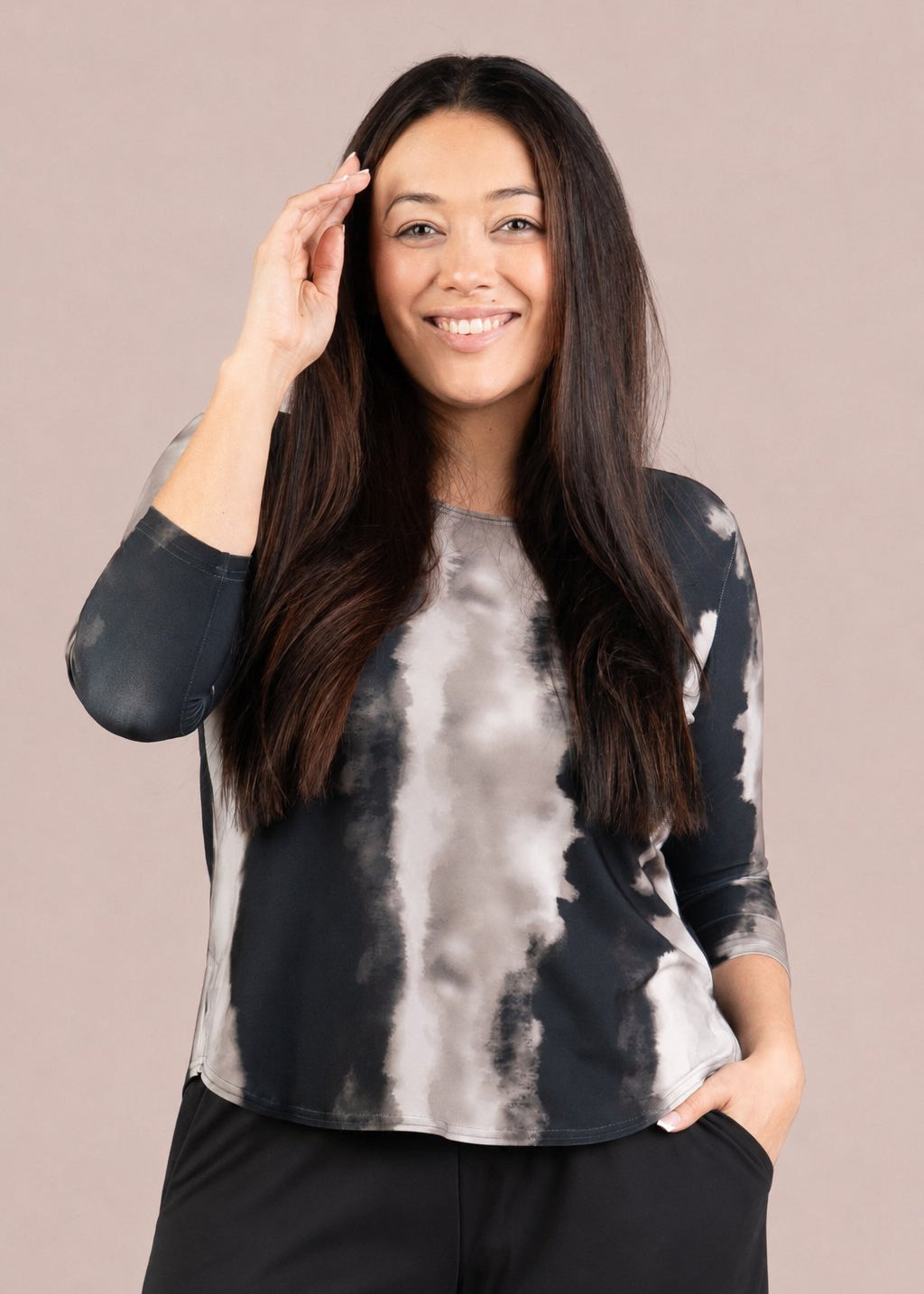 Relaxed fit long-sleeve crewneck tee with graphite watercolor abstract print