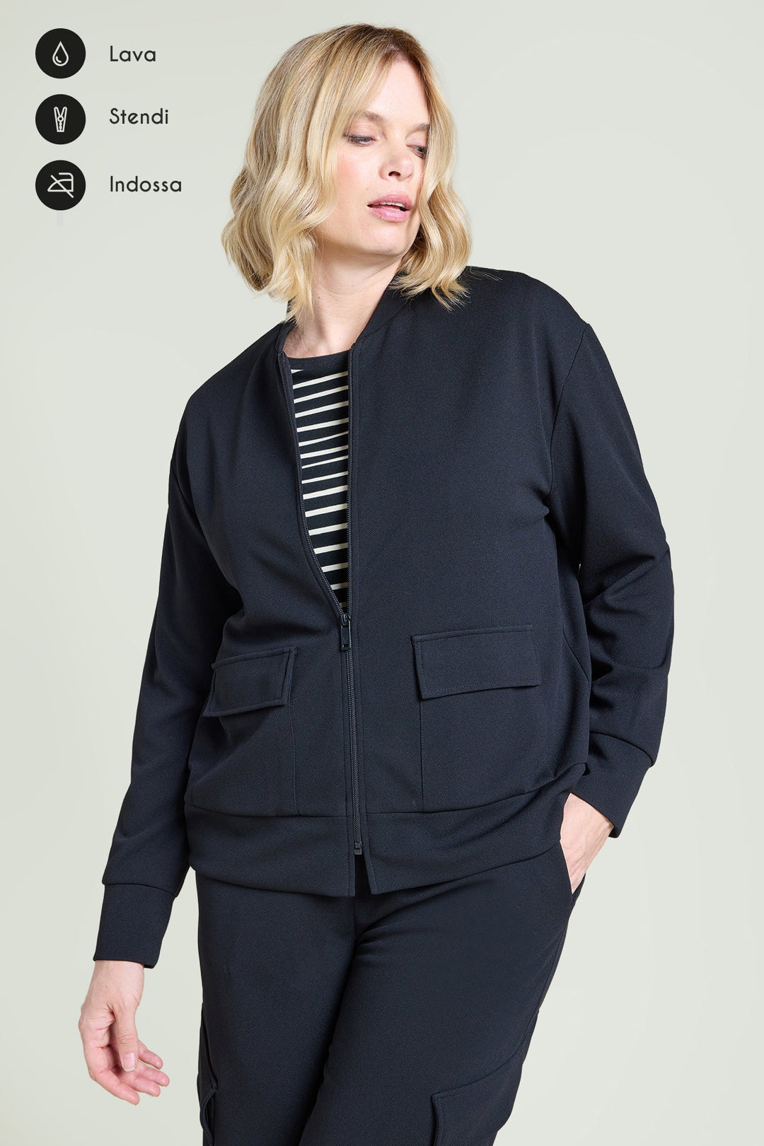 Black athleisure zip jacket with flap pockets and long sleeves