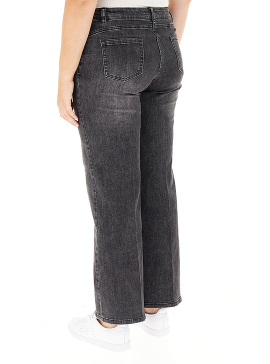 Women's wide-leg black-wash jeans, back view, patch back pockets and yoke