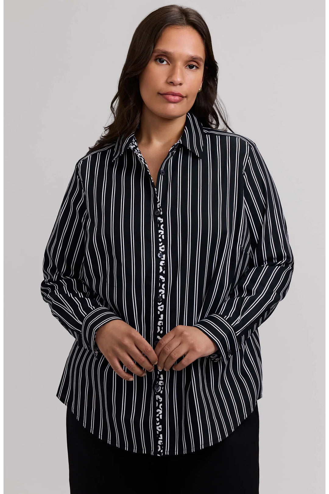 Foxcroft Charlie Stripe with Animal Border in Cotton Sateen in Black/White
