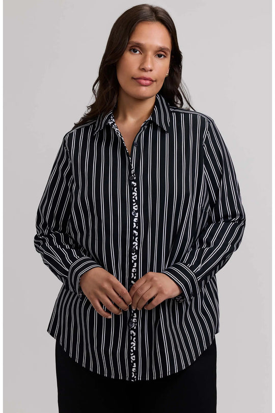 Foxcroft Charlie Stripe with Animal Border in Cotton Sateen in Black/White