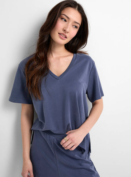 Part Two Ruth Tencel V-Neck Short Sleeve Top in Blue