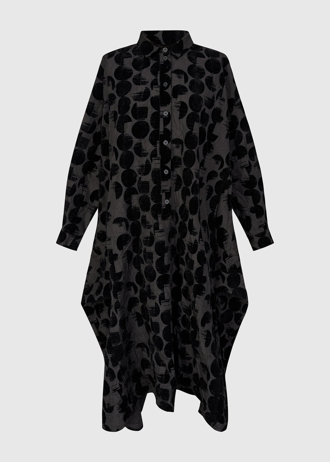 front view of plus size Alembika Crescent Taffeta Velvet Dot Long Button Front Dress in Black Crescent