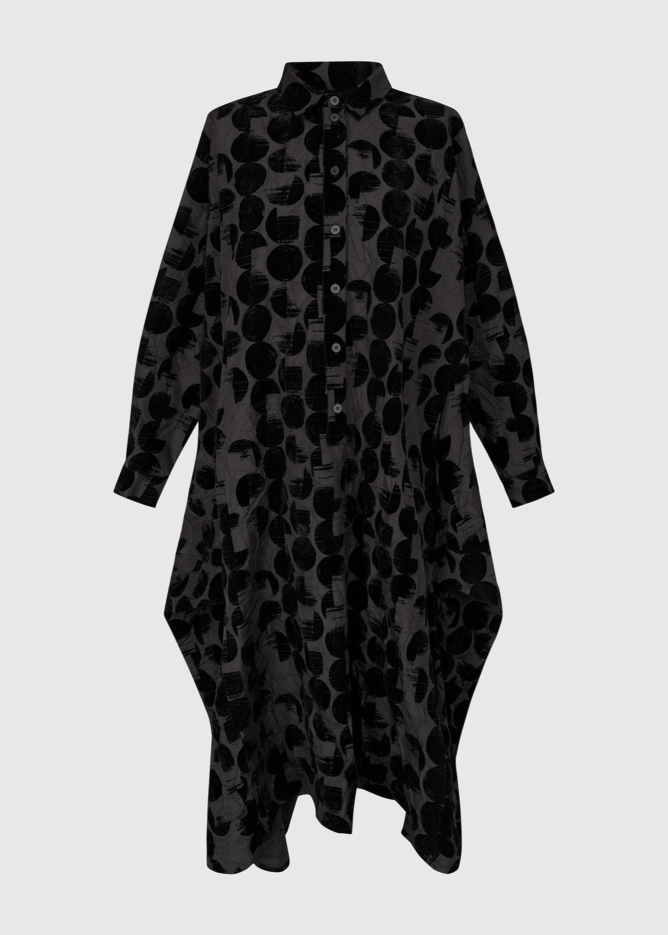 front view of plus size Alembika Crescent Taffeta Velvet Dot Long Button Front Dress in Black Crescent