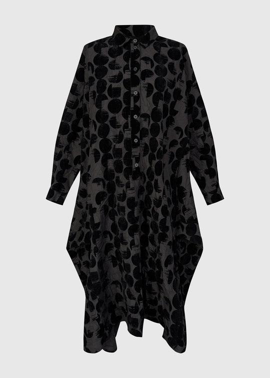 front view of plus size Alembika Crescent Taffeta Velvet Dot Long Button Front Dress in Black Crescent