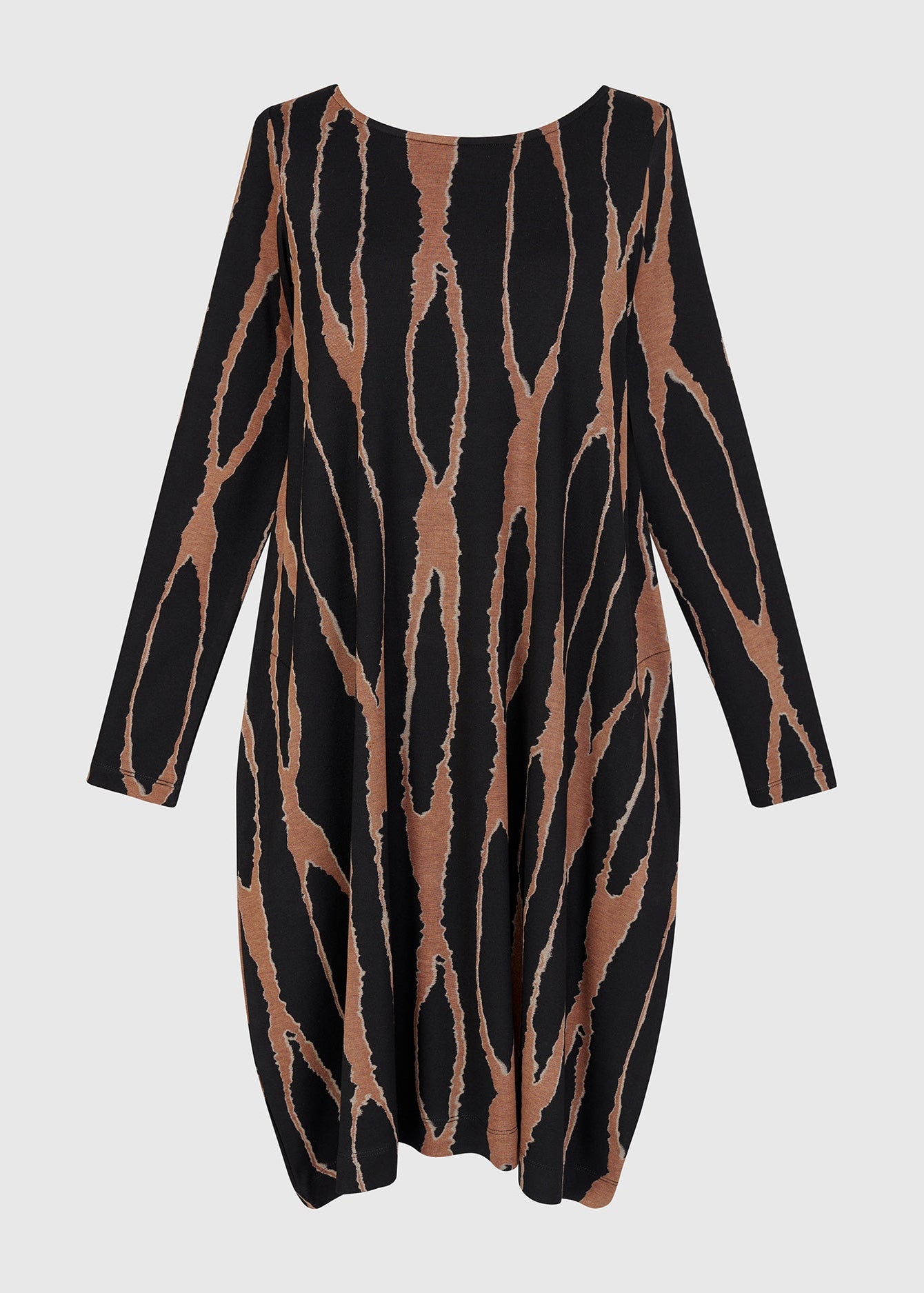 Black dress with brown abstract pattern on a light gray background