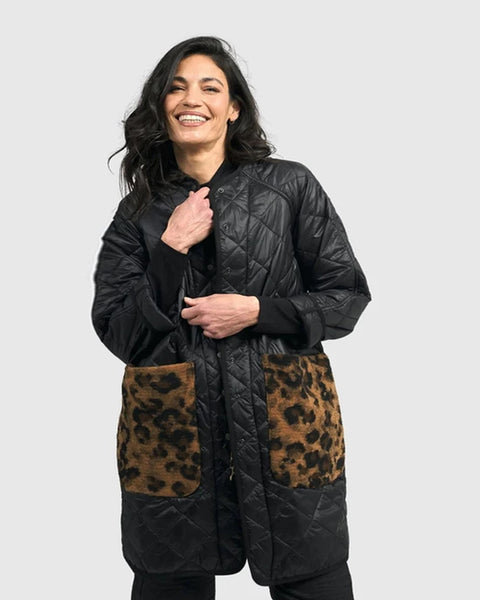 Alembika snap Front Quilted Jacket with Faux Animal Pockets in Black