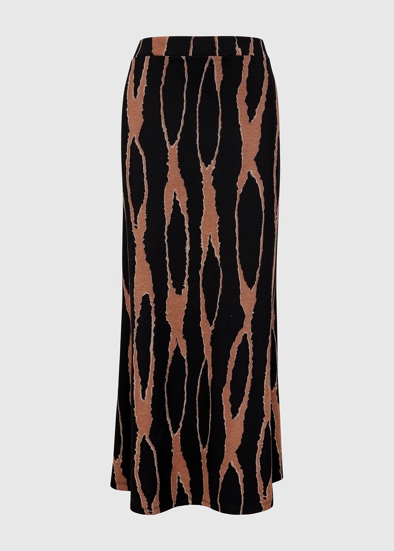 Black skirt with brown abstract pattern on a white background