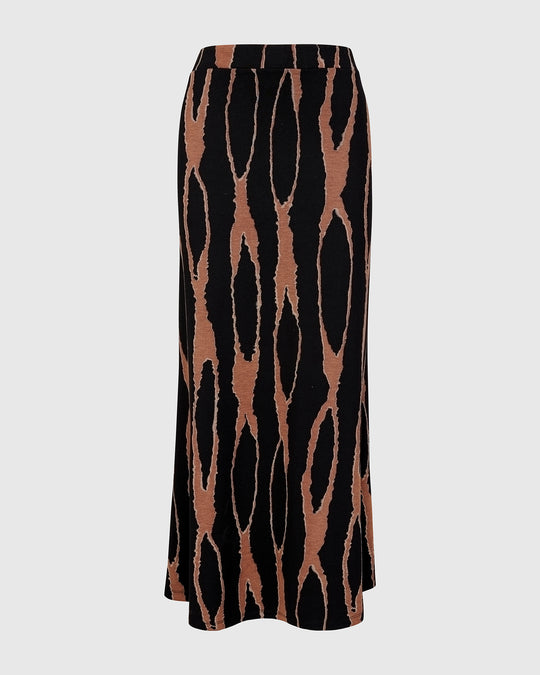 Alembika Long Jersey Pull on Wood Print Skirt in Wood