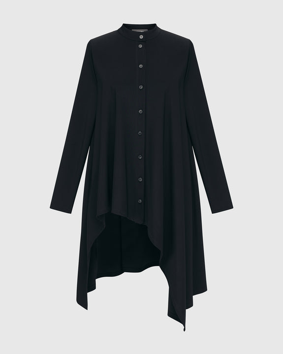 Alembika Techno Jersey Banded Collar Hi-Lo Long Shirt in Black