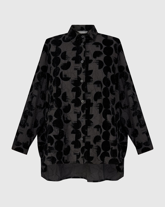 Alembika Crescent Taffeta Velvet Dot A-Line Shirt in Black