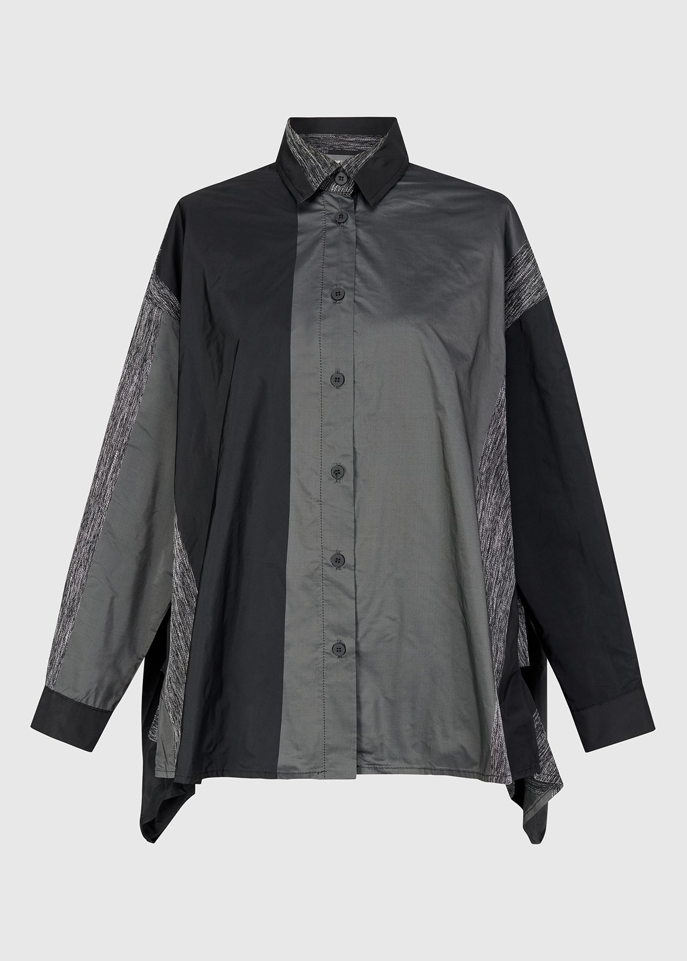 Black and gray shirt with patterned sleeves on a white background