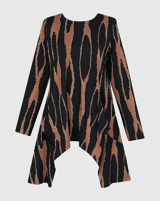 Alembika Long Sleeve Jersey Wood Print Shark Bite Tunic in Wood