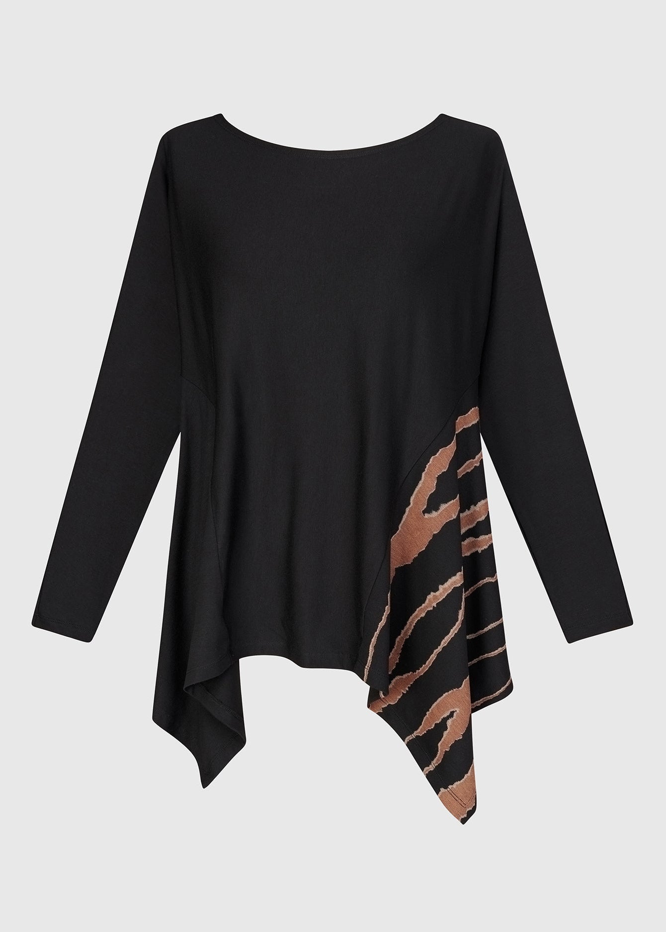 Black long-sleeve top with a brown tiger stripe pattern on a light gray background