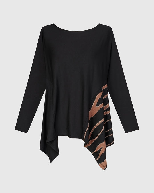 Alembika L/S Jersey Black Tunic with Wood Print insert and Shark Bite Hem in Wood