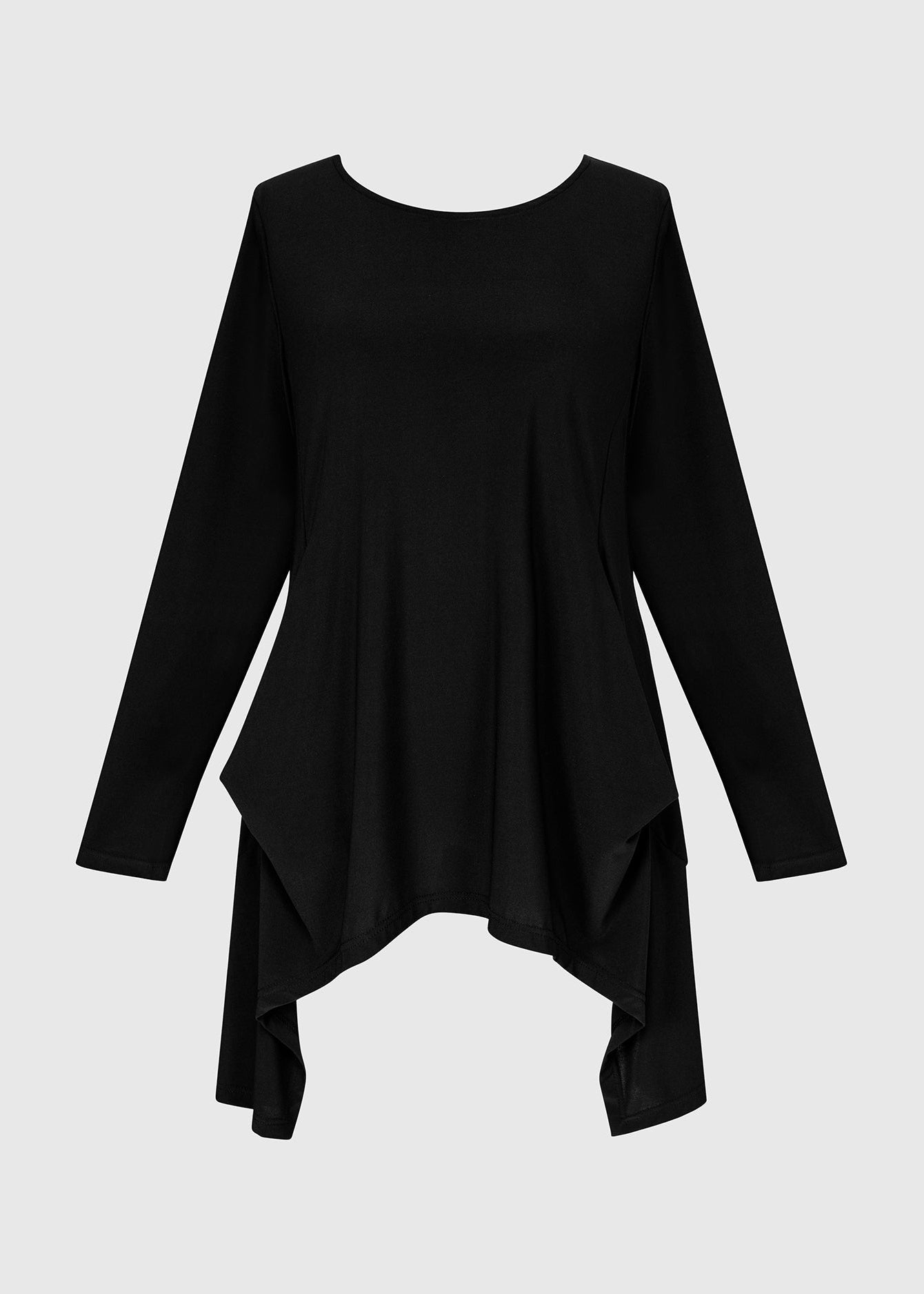 Black long-sleeve top with an asymmetrical hem on a light gray background