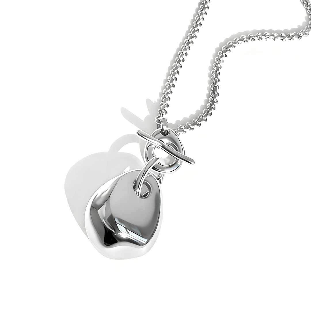 Silver heart-shaped pendant necklace with toggle clasp closure on chain