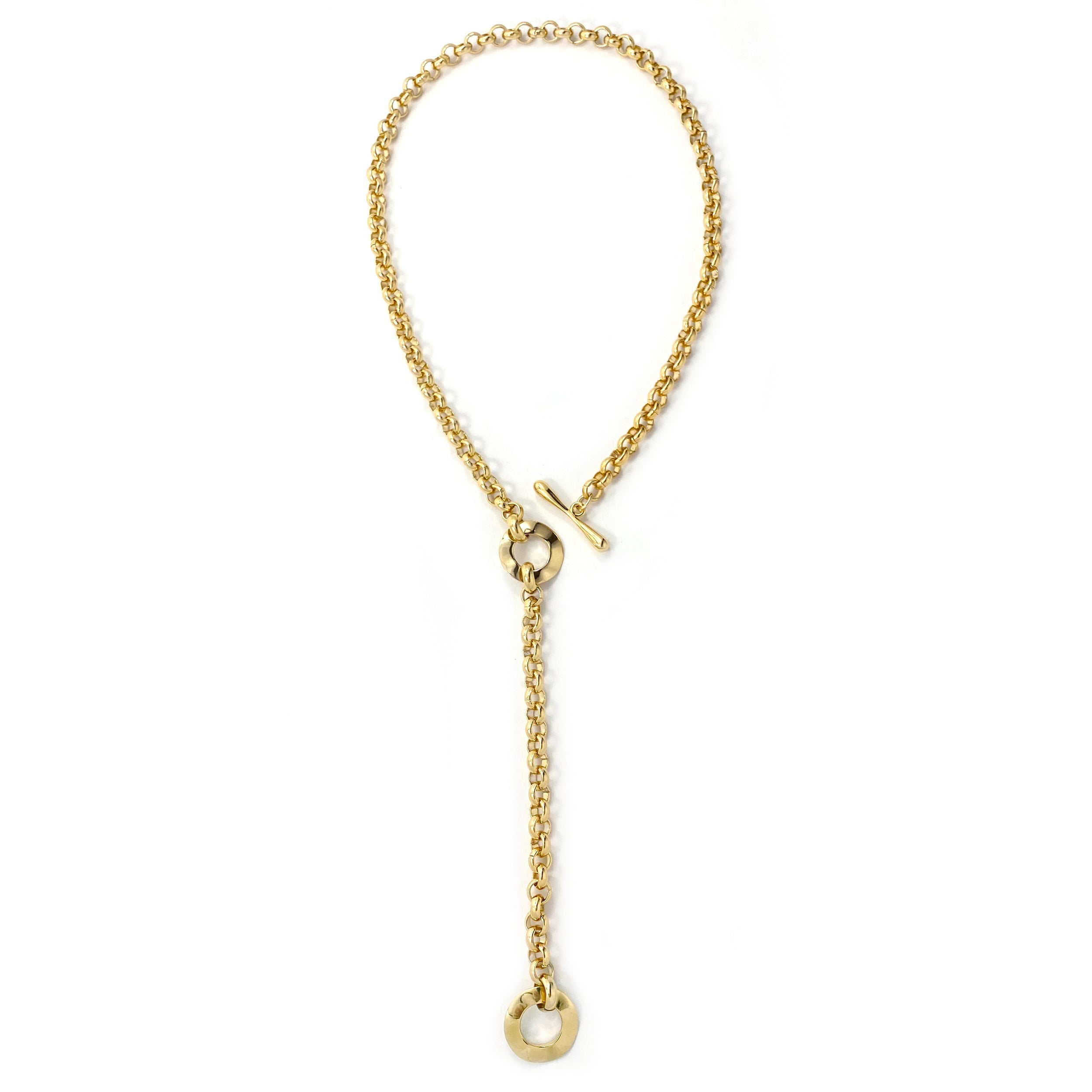 Gold lariat necklace with toggle clasp and long chain drop